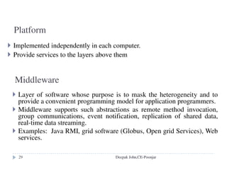 Purposes of a Distributed File System
Sharing of storage and information across a network
Convenience (and efficiency) of a conventional file system
Persistent storage that most other services (e.g., Web servers) need
Files
Files are an abstraction of permanent storage.
A file is typically defined as a sequence of similar-sized data items
along with a set of attributes.
A directory is a file that provides a mapping from text names to
internal file identifiers.
Deepak John,CE-Poonjar
 