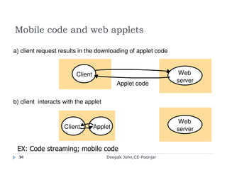 File Service Architecture
An architecture that offers a clear separation of the main concerns
in providing access to files is obtained by structuring the file
service as three components:
A flat file service
A directory service
A client module.
The Client module implements exported interfaces by flat file and
directory services on server side.
Deepak John,CE-Poonjar
 