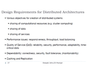 Flat file service operations
Read(FileId, i, n) -> Data
— throws BadPosition
If 1 ≤ i ≤ Length(File): Reads a sequence of up to n items
from a file starting at item i and returns it in Data.
Write(FileId, i, Data)
— throws BadPosition
If 1 ≤ i ≤ Length(File)+1: Writes a sequence of Data to a
file, starting at item i, extending the file if necessary.
Create() -> FileId Creates a new file of length 0 and delivers a UFID for it.
Delete(FileId) Removes the file from the file store.
GetAttributes(FileId) -> Attr Returns the file attributes for the file.
SetAttributes(FileId, Attr) Sets the file attributes
Deepak John,CE-Poonjar
 