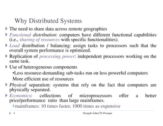 Middleware implements abstractions that support network-wide
programming. Examples:
RPC and RMI (Sun RPC, Corba, Java RMI)
event distribution and filtering (Corba Event Notification, Elvin)
resource discovery for mobile and ubiquitous computing
support for multimedia streaming
Deepak John,CE-Poonjar
 