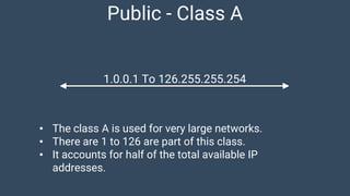 Public - Class A
• The class A is used for very large networks.
• There are 1 to 126 are part of this class.
• It accounts for half of the total available IP
addresses.
1.0.0.1 To 126.255.255.254
 