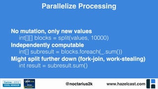 www.hazelcast.com@noctarius2k
Parallelize Processing
int[][] blocks = split(values, 10000)
int[] subresult = blocks.foreach(_.sum())
int result = subresult.sum()
No mutation, only new values
Independently computable
Might split further down (fork-join, work-stealing)
 
