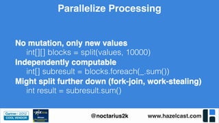 www.hazelcast.com@noctarius2k
Parallelize Processing
int[][] blocks = split(values, 10000)
int[] subresult = blocks.foreach(_.sum())
int result = subresult.sum()
No mutation, only new values
Independently computable
Might split further down (fork-join, work-stealing)
 