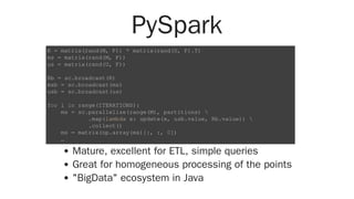 PySpark
Mature, excellent for ETL, simple queries
Great for homogeneous processing of the points
"BigData" ecosystem in Java
R = matrix(rand(M, F)) * matrix(rand(U, F).T)
ms = matrix(rand(M, F))
us = matrix(rand(U, F))
Rb = sc.broadcast(R)
msb = sc.broadcast(ms)
usb = sc.broadcast(us)
for i in range(ITERATIONS):
ms = sc.parallelize(range(M), partitions) 
.map(lambda x: update(x, usb.value, Rb.value)) 
.collect()
ms = matrix(np.array(ms)[:, :, 0])
…
 