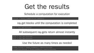 Get the results
Schedule a computation for execution
ray.get blocks until the computation is completed
All subsequent ray.gets return almost instantly
Use the future as many times as needed
future = heavy_computation.remote()
arr = ray.get(future)
arr0 = ray.get(future)
arr1 = ray.get(future)
thumb_future = make_thumbnail.remote(future)
landmarks_future = find_landmarks.remote(future)
 