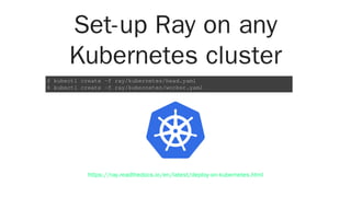 Set-up Ray on any
Kubernetes cluster
$ kubectl create -f ray/kubernetes/head.yaml
$ kubectl create -f ray/kubernetes/worker.yaml
https://ray.readthedocs.io/en/latest/deploy-on-kubernetes.html
 