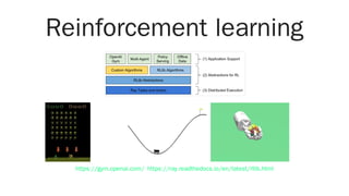 Reinforcement learning
https://gym.openai.com/ https://ray.readthedocs.io/en/latest/rllib.html
 