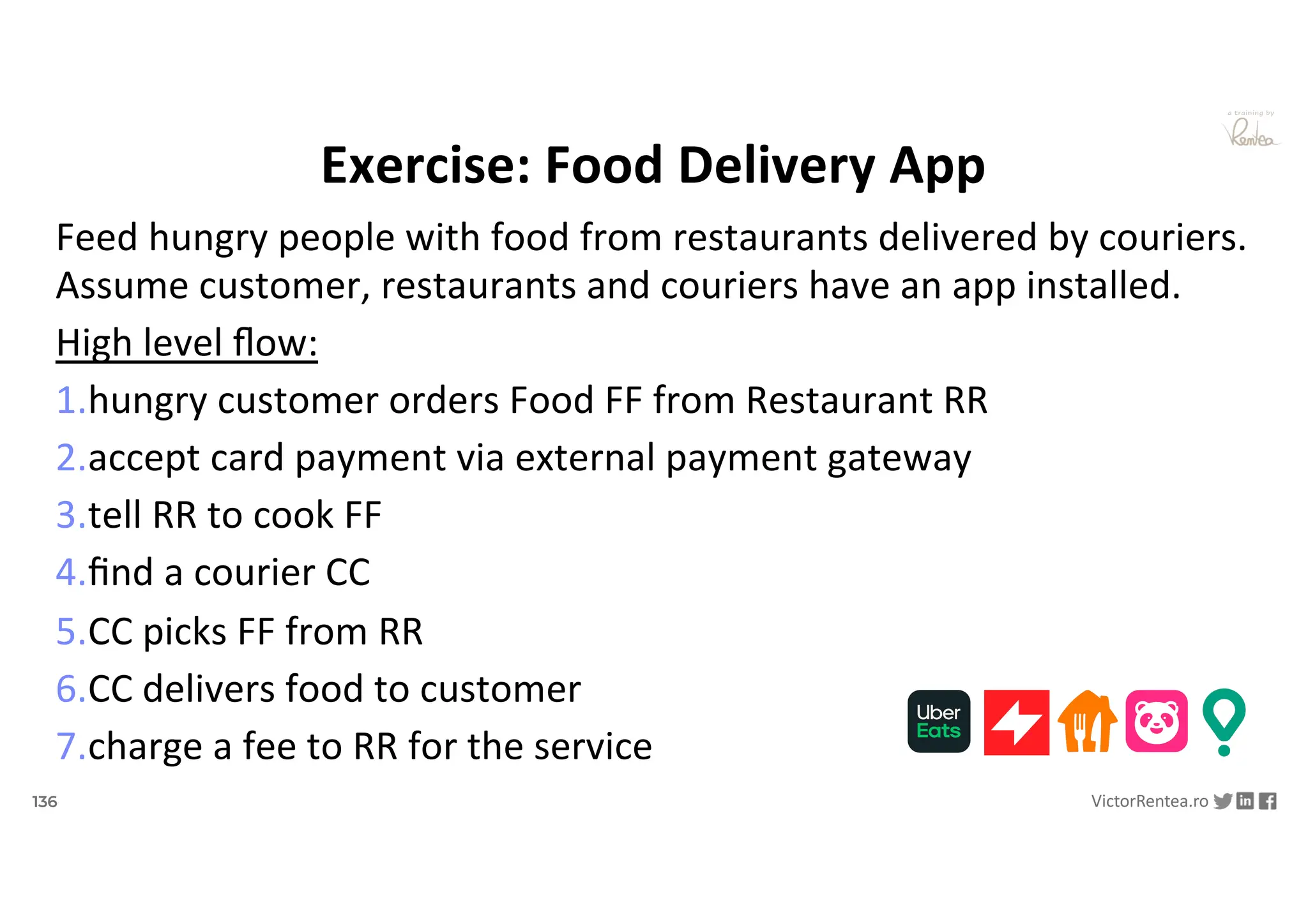 136 VictorRentea.ro
a training by
Feed hungry people with food from restaurants delivered by couriers.
Assume customer, restaurants and couriers have an app installed.
High level ﬂow:
1.hungry customer orders Food FF from Restaurant RR
2.accept card payment via external payment gateway
3.tell RR to cook FF
4.ﬁnd a courier CC
5.CC picks FF from RR
6.CC delivers food to customer
7.charge a fee to RR for the service
Exercise: Food Delivery App
 