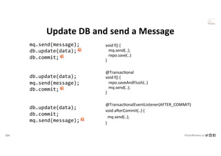 124 VictorRentea.ro
a training by
Update DB and send a Message
void f() {
mq.send(..);
repo.save(..)
}
@TransacDonal
void f() {
repo.saveAndFlush(..)
mq.send(..);
}
@TransacDonalEventListener(AFTER_COMMIT)
void aOerCommit(..) {
mq.send(..);
}
db.update(data);
db.commit;
mq.send(message);💥
db.update(data);
mq.send(message);
db.commit;💥
mq.send(message);
db.update(data);💥
db.commit;💥
 