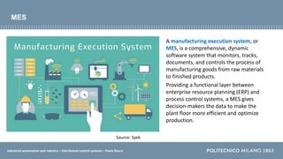 Industrial automation and robotics – Distributed control systems – Paolo Rocco
MES
A manufacturing execution system, or
MES, is a comprehensive, dynamic
software system that monitors, tracks,
documents, and controls the process of
manufacturing goods from raw materials
to finished products.
Providing a functional layer between
enterprise resource planning (ERP) and
process control systems, a MES gives
decision-makers the data to make the
plant floor more efficient and optimize
production.
Source: Syek
 