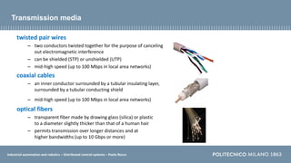 Industrial automation and robotics – Distributed control systems – Paolo Rocco
Transmission media
twisted pair wires
– two conductors twisted together for the purpose of canceling
out electromagnetic interference
– can be shielded (STP) or unshielded (UTP)
– mid-high speed (up to 100 Mbps in local area networks)
coaxial cables
– an inner conductor surrounded by a tubular insulating layer,
surrounded by a tubular conducting shield
– mid-high speed (up to 100 Mbps in local area networks)
optical fibers
– transparent fiber made by drawing glass (silica) or plastic
to a diameter slightly thicker than that of a human hair
– permits transmission over longer distances and at
higher bandwidths (up to 10 Gbps or more)
 