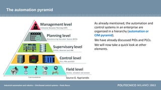 Industrial automation and robotics – Distributed control systems – Paolo Rocco
The automation pyramid
As already mentioned, the automation and
control systems in an enterprise are
organized in a hierarchy (automation or
CIM pyramid).
We have already discussed PIDs and PLCs.
We will now take a quick look at other
elements.
Source:G. Kyprianidis
 