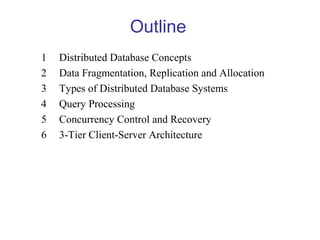 Outline
1 Distributed Database Concepts
2 Data Fragmentation, Replication and Allocation
3 Types of Distributed Database Systems
4 Query Processing
5 Concurrency Control and Recovery
6 3-Tier Client-Server Architecture
 