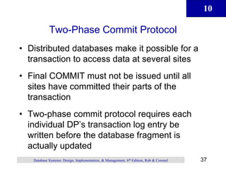 10
37
Database Systems: Design, Implementation, & Management, 6th Edition, Rob & Coronel
Two-Phase Commit Protocol
• Distributed databases make it possible for a
transaction to access data at several sites
• Final COMMIT must not be issued until all
sites have committed their parts of the
transaction
• Two-phase commit protocol requires each
individual DP’s transaction log entry be
written before the database fragment is
actually updated
 