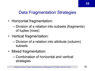 10
42
Database Systems: Design, Implementation, & Management, 6th Edition, Rob & Coronel
Data Fragmentation Strategies
• Horizontal fragmentation:
– Division of a relation into subsets (fragments)
of tuples (rows)
• Vertical fragmentation:
– Division of a relation into attribute (column)
subsets
• Mixed fragmentation:
– Combination of horizontal and vertical
strategies
 