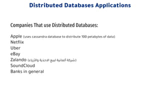 Apple (uses cassandra database to distribute 100 petabytes of data)
Netflix
Uber
eBay
Zalando ( ‫شركة‬
‫ألمانية‬
‫لبيع‬
‫االحذية‬
‫واألزياء‬ )
SoundCloud
Banks in general
Distributed Databases Applications
Companies That use Distributed Databases:
 