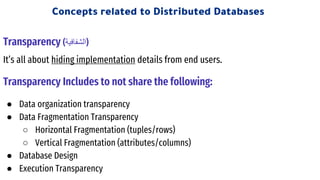 Transparency (‫)الشفافية‬
Concepts related to Distributed Databases
It’s all about hiding implementation details from end users.
Transparency Includes to not share the following:
● Data organization transparency
● Data Fragmentation Transparency
○ Horizontal Fragmentation (tuples/rows)
○ Vertical Fragmentation (attributes/columns)
● Database Design
● Execution Transparency
 