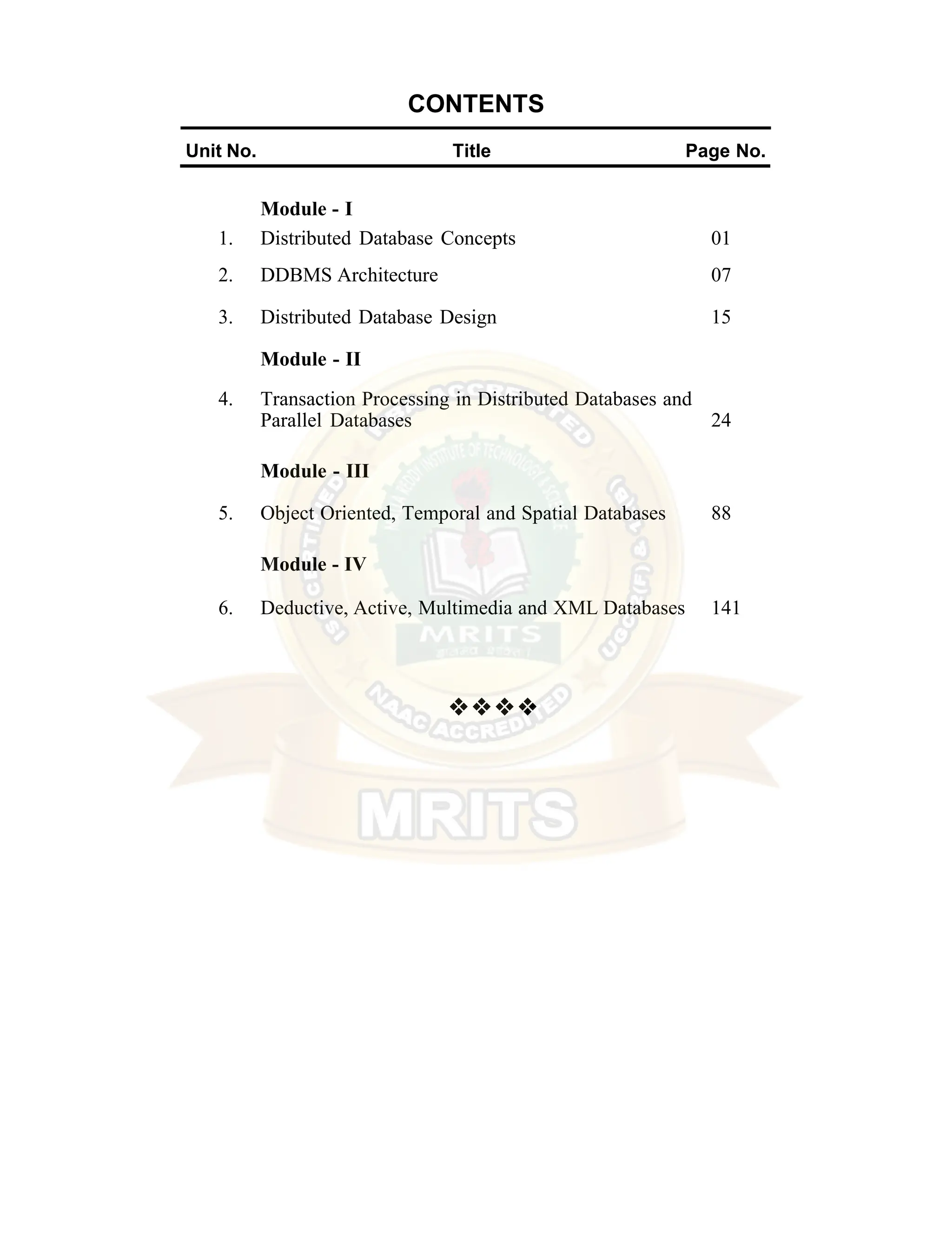 CONTENTS Unit No. Title Page No. Module - I 1. Distributed Database Concepts 01 2. DDBMS Architecture 07 3. Distributed Database Design 15 Module - II 4. Transaction Processing in Distributed Databases and Parallel Databases 24 Module - III 5. Object Oriented, Temporal and Spatial Databases 88 Module - IV 6. Deductive, Active, Multimedia and XML Databases 141 ❖❖❖❖ 