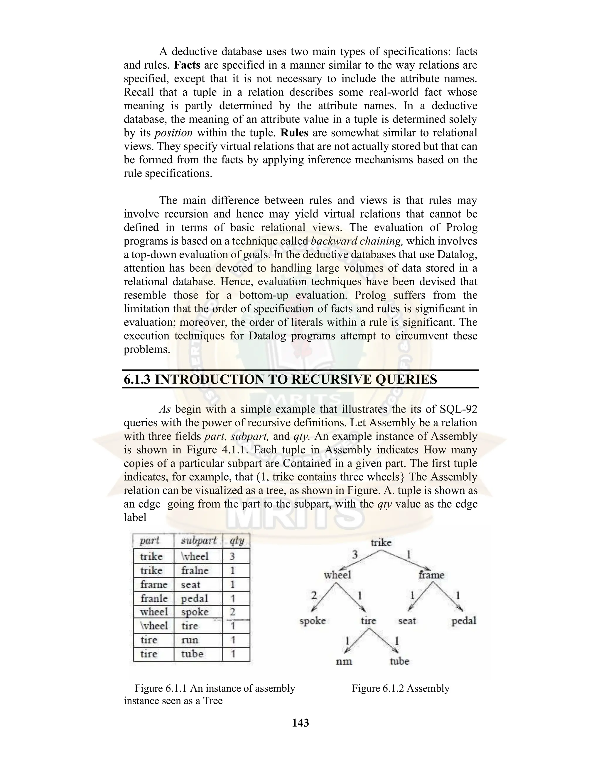 143 A deductive database uses two main types of specifications: facts and rules. Facts are specified in a manner similar to the way relations are specified, except that it is not necessary to include the attribute names. Recall that a tuple in a relation describes some real-world fact whose meaning is partly determined by the attribute names. In a deductive database, the meaning of an attribute value in a tuple is determined solely by its position within the tuple. Rules are somewhat similar to relational views. They specify virtual relations that are not actually stored but that can be formed from the facts by applying inference mechanisms based on the rule specifications. The main difference between rules and views is that rules may involve recursion and hence may yield virtual relations that cannot be defined in terms of basic relational views. The evaluation of Prolog programs is based on a technique called backward chaining, which involves a top-down evaluation of goals. In the deductive databases that use Datalog, attention has been devoted to handling large volumes of data stored in a relational database. Hence, evaluation techniques have been devised that resemble those for a bottom-up evaluation. Prolog suffers from the limitation that the order of specification of facts and rules is significant in evaluation; moreover, the order of literals within a rule is significant. The execution techniques for Datalog programs attempt to circumvent these problems. 6.1.3 INTRODUCTION TO RECURSIVE QUERIES As begin with a simple example that illustrates the its of SQL-92 queries with the power of recursive definitions. Let Assembly be a relation with three fields part, subpart, and qty. An example instance of Assembly is shown in Figure 4.1.1. Each tuple in Assembly indicates How many copies of a particular subpart are Contained in a given part. The first tuple indicates, for example, that (1, trike contains three wheels} The Assembly relation can be visualized as a tree, as shown in Figure. A. tuple is shown as an edge going from the part to the subpart, with the qty value as the edge label Figure 6.1.1 An instance of assembly Figure 6.1.2 Assembly instance seen as a Tree 