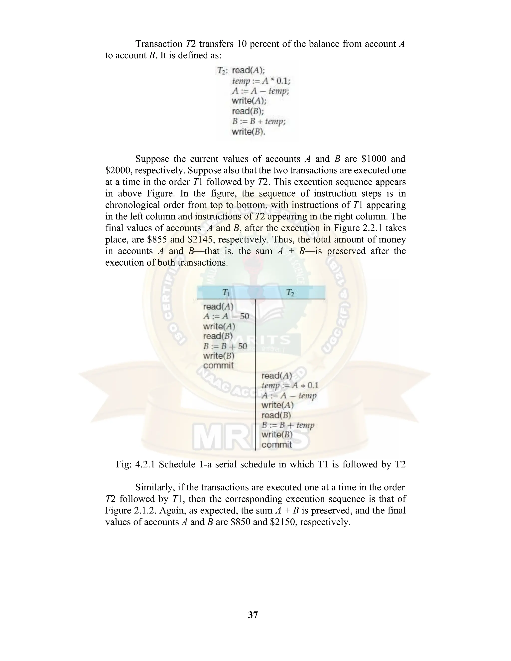 37 Transaction T2 transfers 10 percent of the balance from account A to account B. It is defined as: Suppose the current values of accounts A and B are $1000 and $2000, respectively. Suppose also that the two transactions are executed one at a time in the order T1 followed by T2. This execution sequence appears in above Figure. In the figure, the sequence of instruction steps is in chronological order from top to bottom, with instructions of T1 appearing in the left column and instructions of T2 appearing in the right column. The final values of accounts A and B, after the execution in Figure 2.2.1 takes place, are $855 and $2145, respectively. Thus, the total amount of money in accounts A and B—that is, the sum A + B—is preserved after the execution of both transactions. Fig: 4.2.1 Schedule 1-a serial schedule in which T1 is followed by T2 Similarly, if the transactions are executed one at a time in the order T2 followed by T1, then the corresponding execution sequence is that of Figure 2.1.2. Again, as expected, the sum A + B is preserved, and the final values of accounts A and B are $850 and $2150, respectively. 