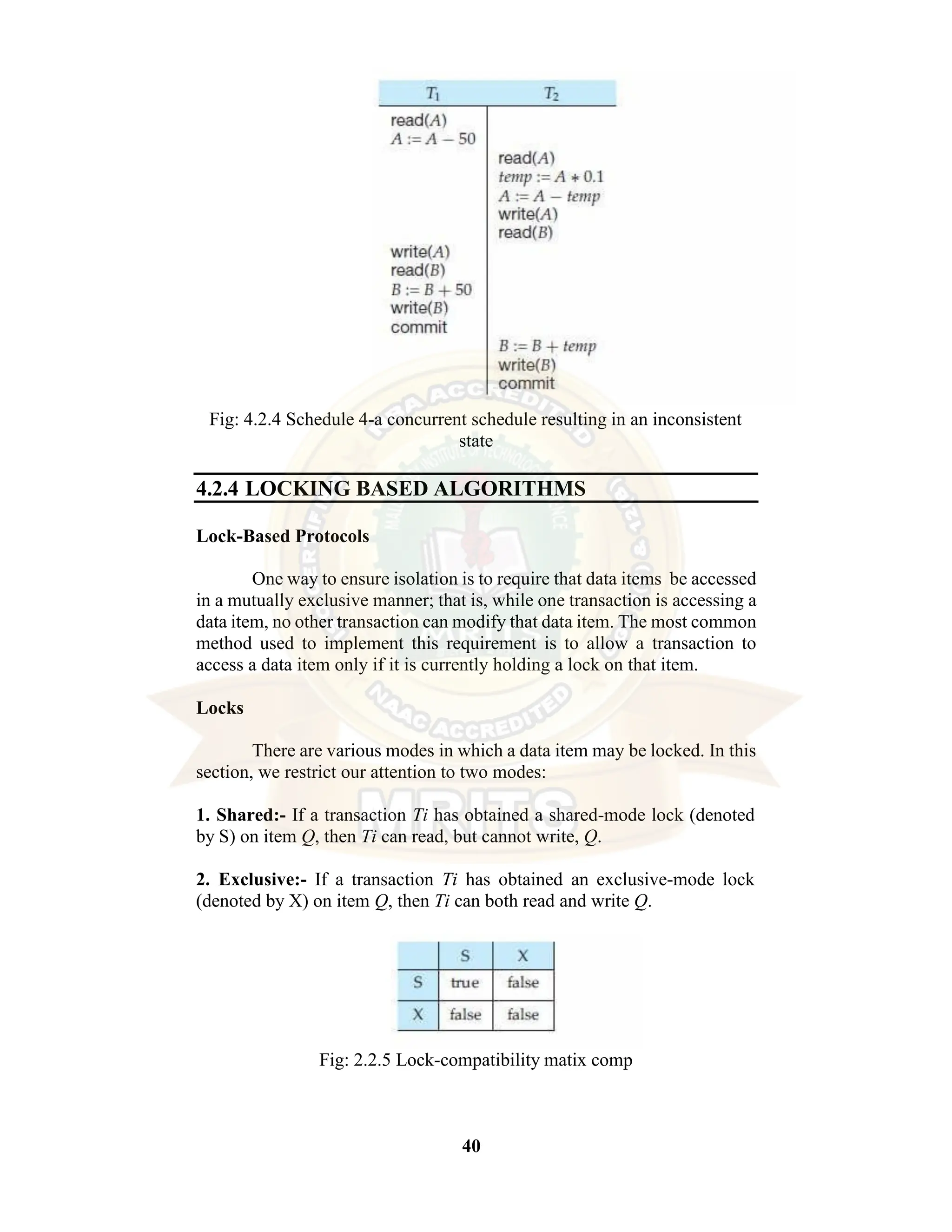 40 Fig: 4.2.4 Schedule 4-a concurrent schedule resulting in an inconsistent state 4.2.4 LOCKING BASED ALGORITHMS Lock-Based Protocols One way to ensure isolation is to require that data items be accessed in a mutually exclusive manner; that is, while one transaction is accessing a data item, no other transaction can modify that data item. The most common method used to implement this requirement is to allow a transaction to access a data item only if it is currently holding a lock on that item. Locks There are various modes in which a data item may be locked. In this section, we restrict our attention to two modes: 1. Shared:- If a transaction Ti has obtained a shared-mode lock (denoted by S) on item Q, then Ti can read, but cannot write, Q. 2. Exclusive:- If a transaction Ti has obtained an exclusive-mode lock (denoted by X) on item Q, then Ti can both read and write Q. Fig: 2.2.5 Lock-compatibility matix comp 