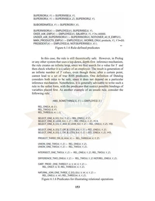 153
Figure 6.1.6 Rule-defined predicates
In this case, the rule is still theoretically safe. However, in Prolog
or any other system that uses a top-down, depth-first inference mechanism,
the rule creates an infinite loop, since we first search for a value for Y and
then check whether it is a salary of an employee. The result is generation of
an infinite number of Y values, even though these, after a certain point,
cannot lead to a set of true RHS predicates. One definition of Datalog
considers both rules to be safe, since it does not depend on a particular
inference mechanism. Nonetheless, it is generally advisable to write such a
rule in the safest form, with the predicates that restrict possible bindings of
variables placed first. As another example of an unsafe rule, consider the
following rule:
Figure 6.1.6 Predicates for illustrating relational operations
 