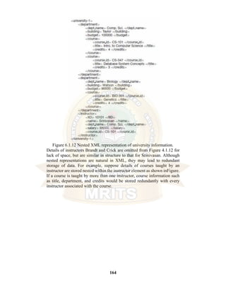 164
Figure 6.1.12 Nested XML representation of university information.
Details of instructors Brandt and Crick are omitted from Figure 4.1.12 for
lack of space, but are similar in structure to that for Srinivasan. Although
nested representations are natural in XML, they may lead to redundant
storage of data. For example, suppose details of courses taught by an
instructor are stored nested within the instructor element as shown inFigure.
If a course is taught by more than one instructor, course information such
as title, department, and credits would be stored redundantly with every
instructor associated with the course.
 