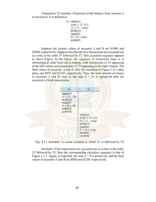 37
Transaction T2 transfers 10 percent of the balance from account A
to account B. It is defined as:
Suppose the current values of accounts A and B are $1000 and
$2000, respectively. Suppose also that the two transactions are executed one
at a time in the order T1 followed by T2. This execution sequence appears
in above Figure. In the figure, the sequence of instruction steps is in
chronological order from top to bottom, with instructions of T1 appearing
in the left column and instructions of T2 appearing in the right column. The
final values of accounts A and B, after the execution in Figure 2.2.1 takes
place, are $855 and $2145, respectively. Thus, the total amount of money
in accounts A and B—that is, the sum A + B—is preserved after the
execution of both transactions.
Fig: 4.2.1 Schedule 1-a serial schedule in which T1 is followed by T2
Similarly, if the transactions are executed one at a time in the order
T2 followed by T1, then the corresponding execution sequence is that of
Figure 2.1.2. Again, as expected, the sum A + B is preserved, and the final
values of accounts A and B are $850 and $2150, respectively.
 