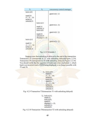 43
Fig: 4.2.8 Schedule 1
Suppose now that unlocking is delayed to the end of the transaction.
Transaction T3 corresponds to T1 with unlocking delayed(Figure 2.2.9).
Transaction T4 corresponds to T2 with unlocking delayed (Figure 2.2.10).
You should verify that the sequence of reads and writes inschedule 1, which
lead to an incorrect total of $250 being displayed, is no longer possible with
T3 and T4.
Fig: 4.2.9 Transaction T3(transaction T1 with unlocking delayed)
Fig: 4.2.10 Transaction T4(transaction T2 with unlocking delayed)
 