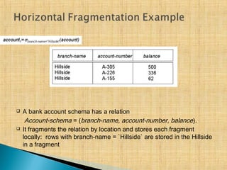  A bank account schema has a relation
Account-schema = (branch-name, account-number, balance).
 It fragments the relation by location and stores each fragment
locally: rows with branch-name = `Hillside` are stored in the Hillside
in a fragment
 