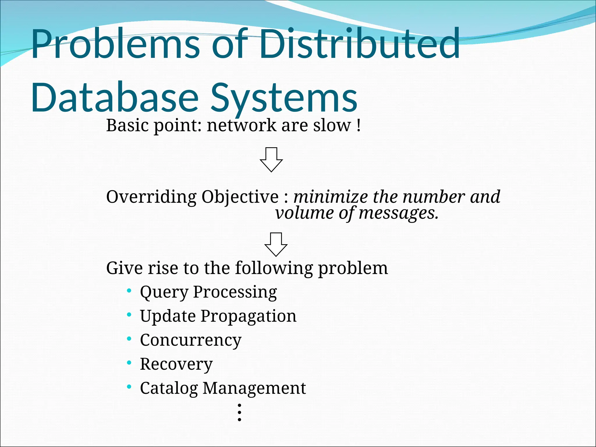 Problems of Distributed
Database Systems
Basic point: network are slow !
Overriding Objective : minimize the number and
volume of messages.
Give rise to the following problem
 Query Processing
 Update Propagation
 Concurrency
 Recovery
 Catalog Management
.
.
.
 