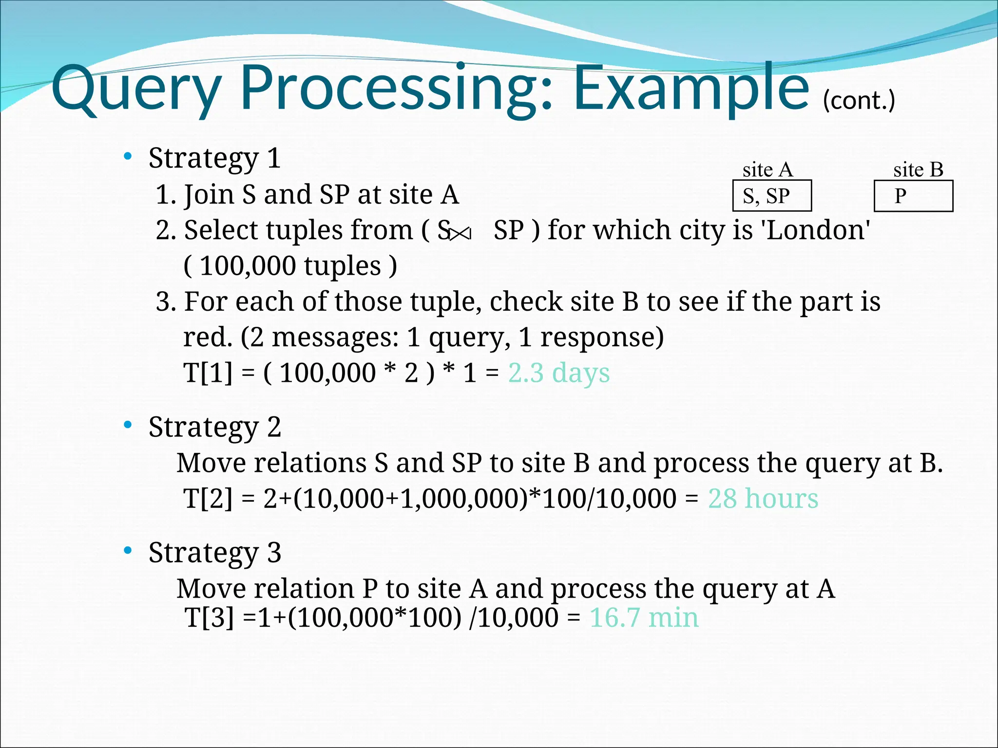 Query Processing: Example (cont.)
 Strategy 1
1. Join S and SP at site A
2. Select tuples from ( S SP ) for which city is 'London'
( 100,000 tuples )
3. For each of those tuple, check site B to see if the part is
red. (2 messages: 1 query, 1 response)
T[1] = ( 100,000 * 2 ) * 1 = 2.3 days
 Strategy 2
Move relations S and SP to site B and process the query at B.
T[2] = 2+(10,000+1,000,000)*100/10,000 = 28 hours
 Strategy 3
Move relation P to site A and process the query at A
T[3] =1+(100,000*100) /10,000 = 16.7 min
site A site B
S, SP P
 