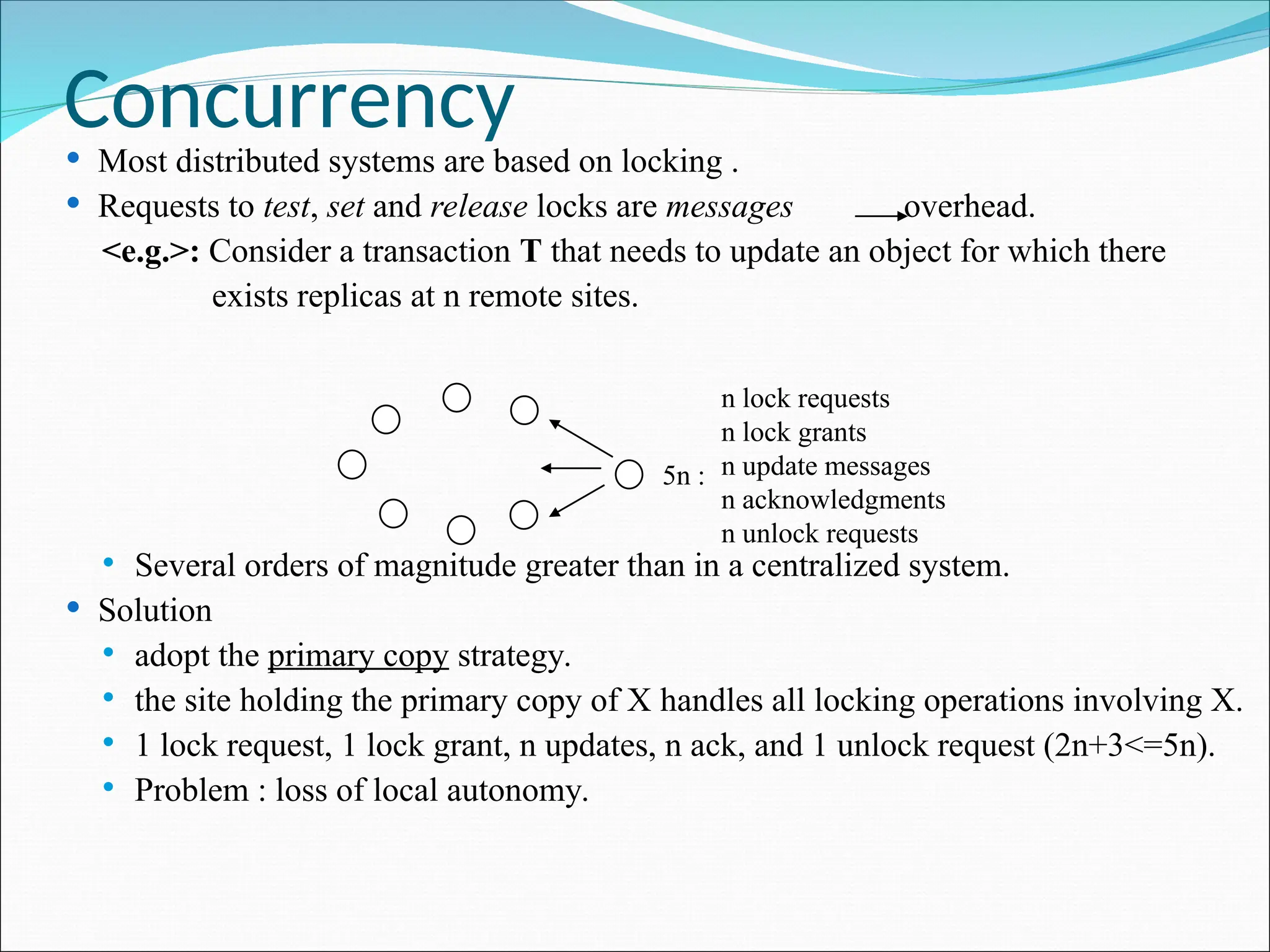 Concurrency
 Most distributed systems are based on locking .
 Requests to test, set and release locks are messages overhead.
<e.g.>: Consider a transaction T that needs to update an object for which there
exists replicas at n remote sites.
 Several orders of magnitude greater than in a centralized system.
 Solution
 adopt the primary copy strategy.
 the site holding the primary copy of X handles all locking operations involving X.
 1 lock request, 1 lock grant, n updates, n ack, and 1 unlock request (2n+3<=5n).
 Problem : loss of local autonomy.
n lock requests
n lock grants
n update messages
n acknowledgments
n unlock requests
5n :
 