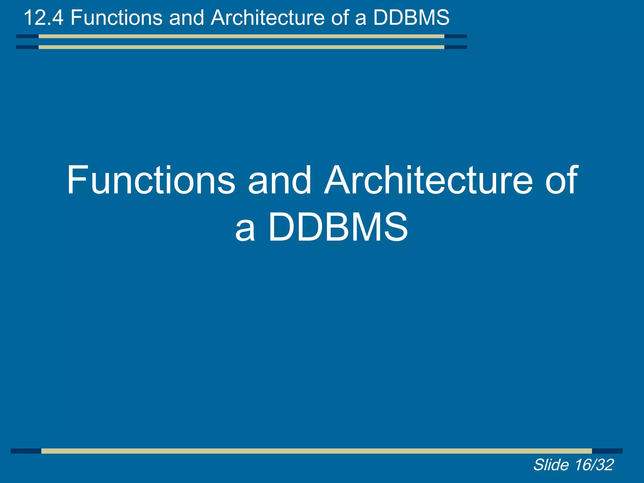 12.4 Functions and Architecture of a DDBMS




    Functions and Architecture of
             a DDBMS




                                             Slide 16/32
 