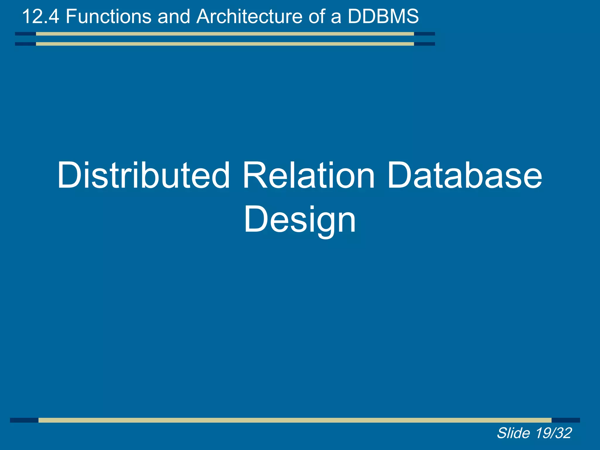 12.4 Functions and Architecture of a DDBMS




   Distributed Relation Database
               Design




                                             Slide 19/32
 
