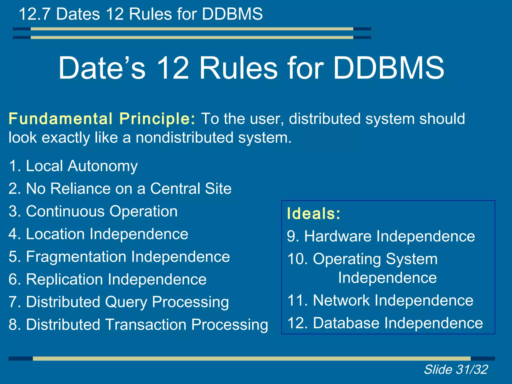 12.7 Dates 12 Rules for DDBMS


      Date’s 12 Rules for DDBMS
Fundamental Principle: To the user, distributed system should
look exactly like a nondistributed system.
1. Local Autonomy
2. No Reliance on a Central Site
3. Continuous Operation                 Ideals:
4. Location Independence                9. Hardware Independence
5. Fragmentation Independence           10. Operating System
6. Replication Independence                    Independence
7. Distributed Query Processing         11. Network Independence
8. Distributed Transaction Processing   12. Database Independence

                                                         Slide 31/32
 