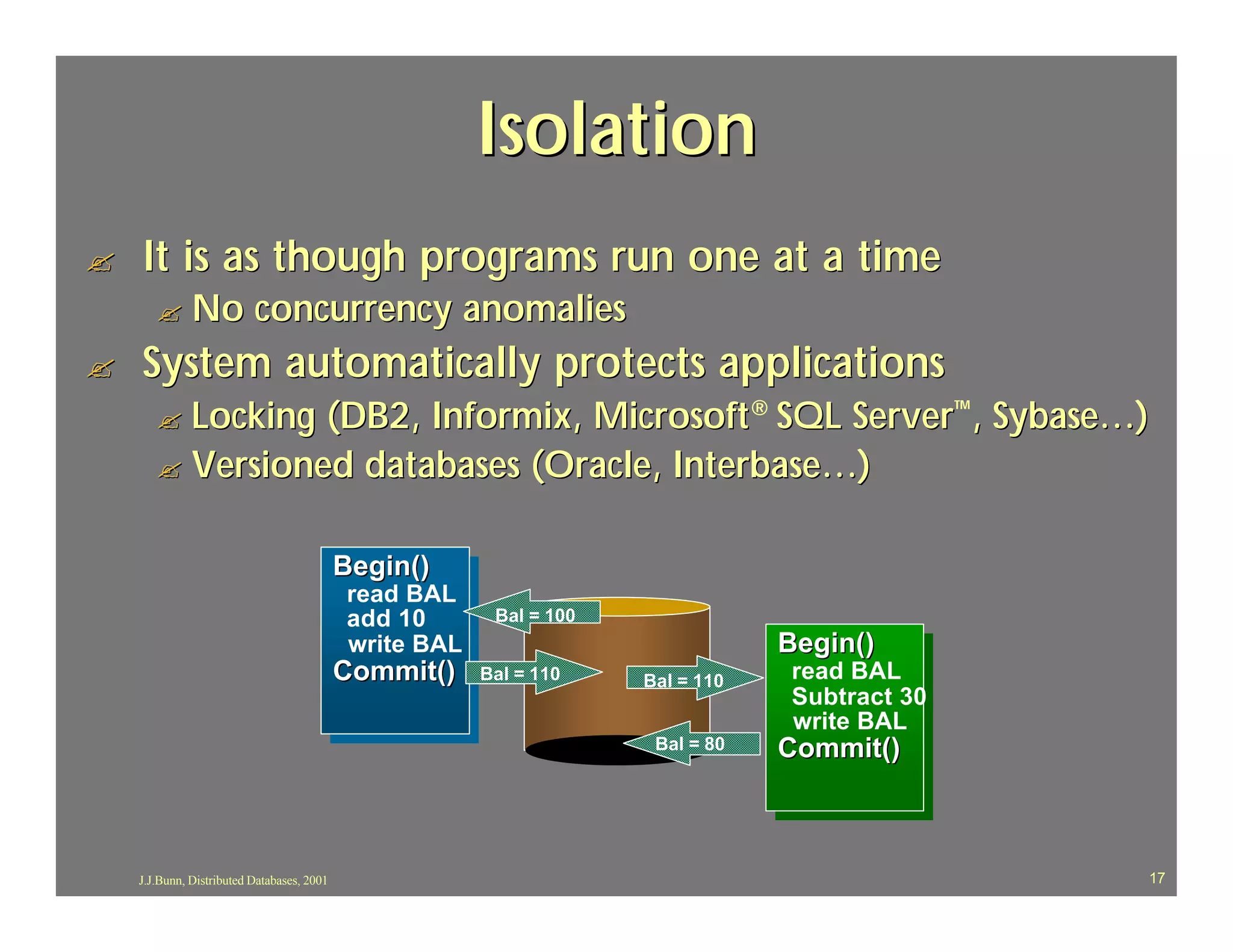 Isolation
?   It is as though programs run one at a time
       ? No               concurrency anomalies
?   System automatically protects applications
       ? Locking (DB2, Informix, Microsoft® SQL Server™, Sybase…)
       ? Versioned databases (Oracle, Interbase…)


                                            Begin()
                                             read BAL
                                             add 10       Bal = 100
                                             write BAL                            Begin()
                                            Commit()     Bal = 110    Bal = 110    read BAL
                                                                                   Subtract 30
                                                                                   write BAL
                                                                       Bal = 80   Commit()



    J.J.Bunn, Distributed Databases, 2001                                                        17
 