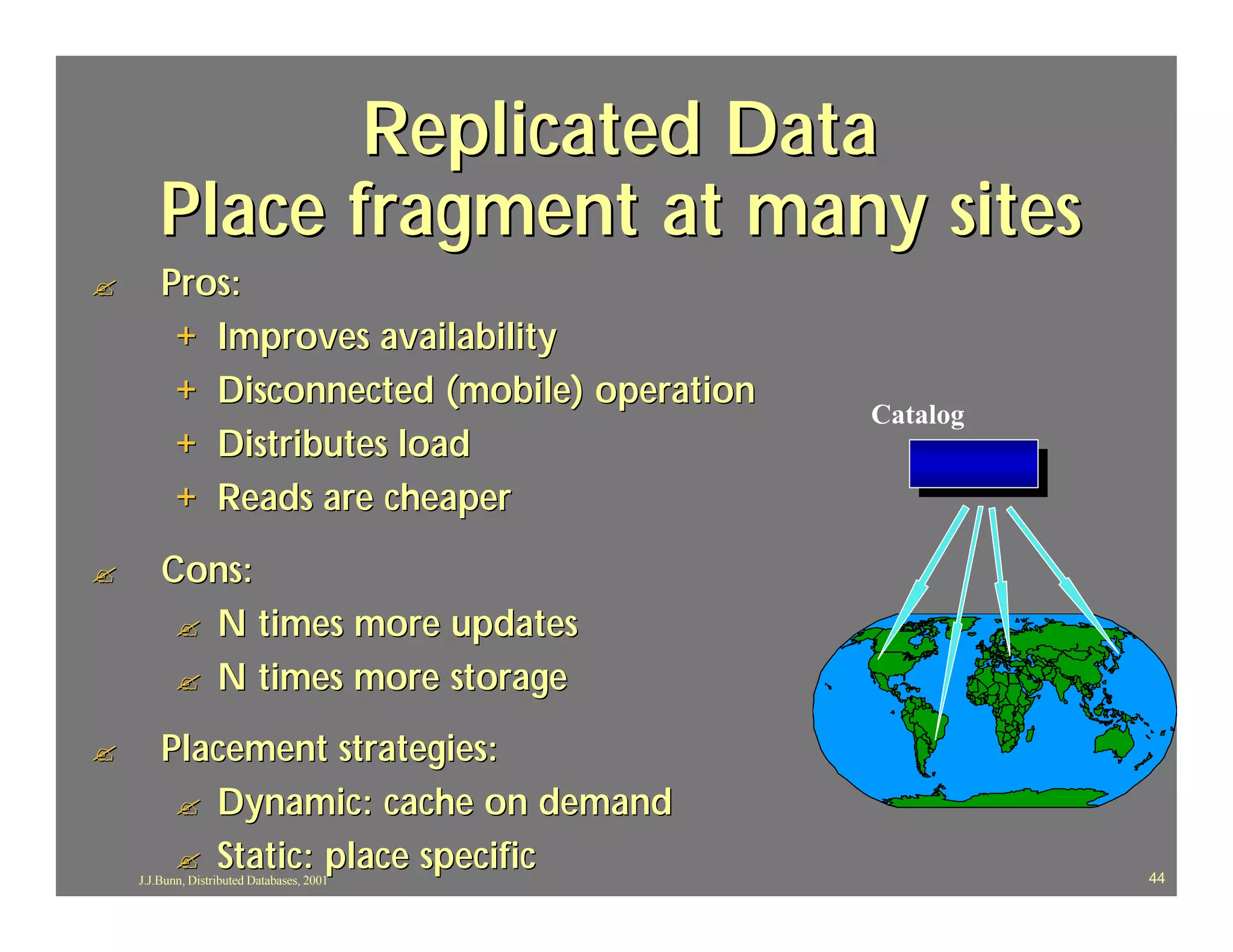 Replicated Data
        Place fragment at many sites
?       Pros:
         + Improves availability
         + Disconnected (mobile) operation
                                             Catalog
         + Distributes load
         + Reads are cheaper
?       Cons:
         ? N times more updates
         ? N times more storage

?       Placement strategies:
         ? Dynamic: cache on demand
         ? Static: place specific
    J.J.Bunn, Distributed Databases, 2001              44
 