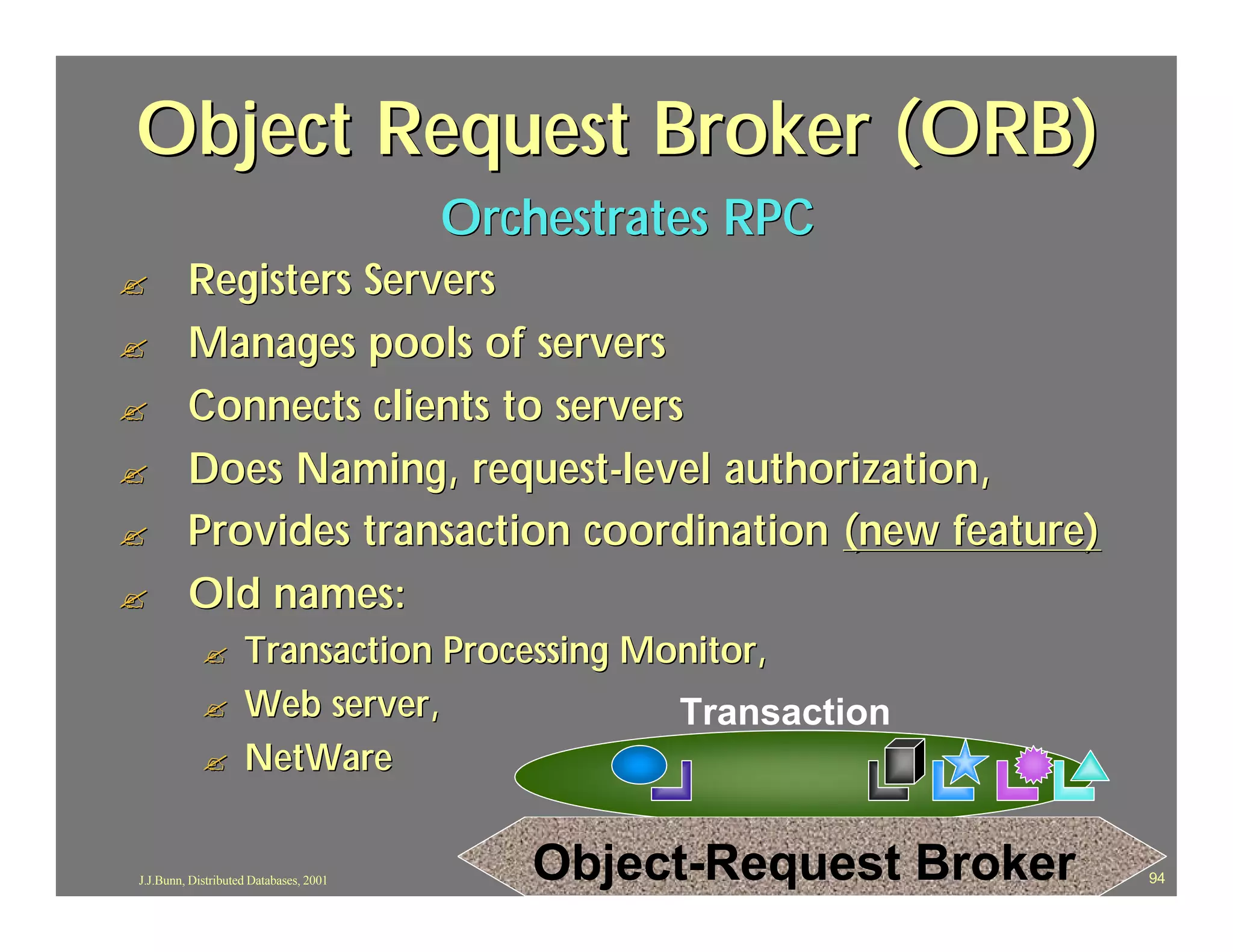 Object Request Broker (ORB)
                                        Orchestrates RPC
?        Registers Servers
?        Manages pools of servers
?        Connects clients to servers
?        Does Naming, request-level authorization,
?        Provides transaction coordination (new feature)
?        Old names:
            ?       Transaction Processing Monitor,
            ?       Web server,              Transaction
            ?       NetWare


J.J.Bunn, Distributed Databases, 2001      Object-Request Broker   94
 