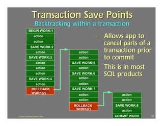 Transaction Save Points
                       Backtracking within a transaction
               BEGIN WORK:1
                      action                        ?   Allows app to
                      action
                 SAVE WORK:2
                                                        cancel parts of a
                         action            action       transaction prior
               SAVE WORK:3                 action       to commit
                         action         SAVE WORK:5
                         action            action   ?   This is in most
                         action         SAVE WORK:6
                                           action
                                                        SQL products
               SAVE WORK:4
                         action            action
                   ROLLBACK             SAVE WORK:7
                   WORK(2)
                                           action              action
                                           action              action
                                        ROLLBACK            SAVE WORK:8
                                         WORK(7)               action
J.J.Bunn, Distributed Databases, 2001                      COMMIT WORK    112
 