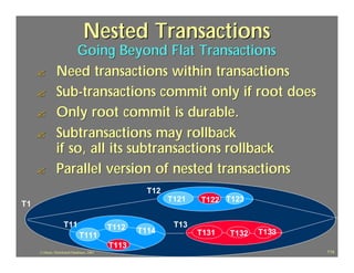 Nested Transactions
                    Going Beyond Flat Transactions
     ?          Need transactions within transactions
     ?          Sub-transactions commit only if root does
     ?          Only root commit is durable.
     ?          Subtransactions may rollback
                if so, all its subtransactions rollback
     ?          Parallel version of nested transactions
                                                      T12
                                                            T121   T122 T123
T1

                     T11                     T112            T13
                                                    T114           T131   T132   T133
                               T111
                                             T113
     J.J.Bunn, Distributed Databases, 2001                                              114
 