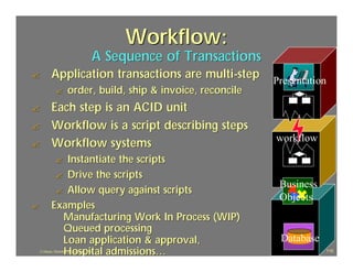 Workflow:
                                       A Sequence of Transactions
?          Application transactions are multi -step                 Presentation
              ?       order, build, ship & invoice, reconcile
?          Each step is an ACID unit
?          Workflow is a script describing steps
                                                                    workflow
?          Workflow systems
              Instantiate the scripts
              ?
            ? Drive the scripts
                                                                     Business
            ? Allow query against scripts
                                                                     Objects
?          Examples
             Manufacturing Work In Process (WIP)
             Queued processing
             Loan application & approval,                            Database
             Hospital admissions…
    J.J.Bunn, Distributed Databases, 2001                                          115
 