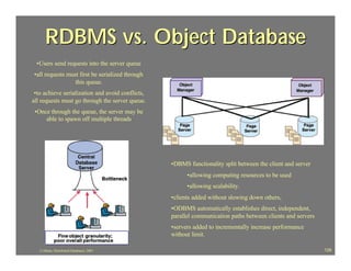 RDBMS vs. Object Database
 •Users send requests into the server queue
•all requests must first be serialized through
                 this queue.
 •to achieve serialization and avoid conflicts,
all requests must go through the server queue.
 •Once through the queue, the server may be
     able to spawn off multiple threads




                                                  •DBMS functionality split between the client and server
                                                        •allowing computing resources to be used
                                                        •allowing scalability.
                                                  •clients added without slowing down others,
                                                  •ODBMS automatically establishes direct, independent,
                                                  parallel communication paths between clients and servers
                                                  •servers added to incrementally increase performance
                                                  without limit.

   J.J.Bunn, Distributed Databases, 2001                                                                     129
 
