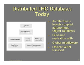 Distributed LHC Databases
                  Today
                                        ?   Architecture is
                                            loosely coupled,
                                            autonomous,
                                            Object Databases
                                        ?   File-based
                                            replication with
                                        ?   Globus middleware
                                        ?   Efficient WAN
                                            transport


J.J.Bunn, Distributed Databases, 2001                       132
 