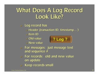 What Does A Log Record
                  Look Like?
                     ?           Log record has
                                   ? Header   (transaction ID, timestamp… )
                                   ? Item ID
                                   ? Old value          ? Log ?
                                   ? New value

                     ?           For messages: just message text
                                 and sequence #
                     ?           For records: old and new value
                                 on update
                     ?           Keep records small
J.J.Bunn, Distributed Databases, 2001                                         26
 