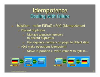 Idempotence
                                              Dealing with failure

?            Solution: make F(F(x))=F(x) (idempotence)
               ?        Discard duplicates
                         ? Message sequence numbers
                            to discard duplicates
                         ? Use sequence numbers on pages to detect state
               ?        (Or) make operations idempotent
                         ? Move to position x, write value V to byte B…


  Old state                     New state             New state   New state          Old state          Old state
                    REDO                       REDO                           UNDO               UNDO

      Log                               Log                         Log                 Log



J.J.Bunn, Distributed Databases, 2001                                                                               32
 