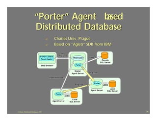 “Porter” Agent b
                                      - ased
                         Distributed Database
                                        ?   Charles Univ, Prague
                                        ?   Based on “Aglets” SDK from IBM




J.J.Bunn, Distributed Databases, 2001                                        76
 