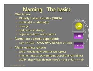 Naming The basics
                                    -
?          Objects have
           ? Globally Unique Identifier (GUIDs)
                                                                    Address
           ? location(s) = address(es)
           ? name(s)                                                 guid
           ? addresses can change
           ? objects can have many names
                                                                     Jim
?          Names are context dependent:
             ?        (Jim @ KGB ?????? ??? ? ? ??? ? ?Jim @ CIA)
                                                                    James
?          Many naming systems
             ?        UNC: nodedevicedir dir dirobject
             ?        Internet: http://node.domain.root/dir/dir/dir/object
             ?        LDAP: ldap://ldap.domain.root/o=org,c=US,cn=dir
J.J.Bunn, Distributed Databases, 2001                                         82
 