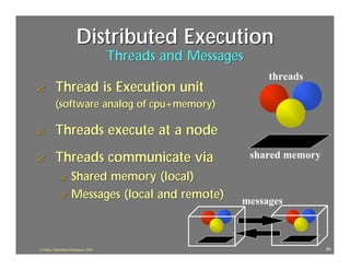 Distributed Execution
                                        Threads and Messages
                                                                  threads
?         Thread is Execution unit
          (software analog of cpu+memory)

?         Threads execute at a node
?         Threads communicate via                              shared memory

             ? Shared memory (local)
             ? Messages (local and remote)
                                                           messages



J.J.Bunn, Distributed Databases, 2001                                          89
 