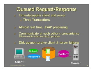 Queued Request/Response
       ?             Time-decouples client and server
                      ? Three Transactions


       ?             Almost real time, ASAP processing
       ?             Communicate at each other’s convenience
                     Allows mobile (disconnected) operation

       ?             Disk queues survive client & server failures

                                        Submit
                                                         Perform
                                        Response

            Client                                                 Server
J.J.Bunn, Distributed Databases, 2001                                       98
 